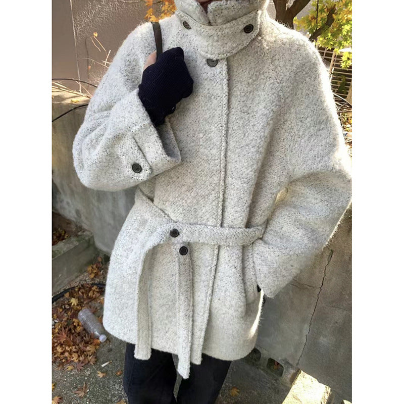 Stand-up Collar Wool Belted Coat (Tweed Jacket)