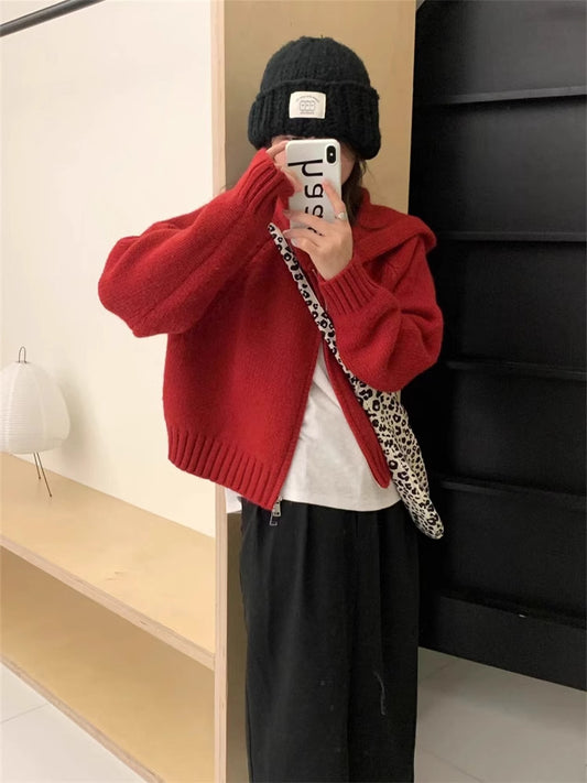 Hooded knitted cardigan double zipper jacket