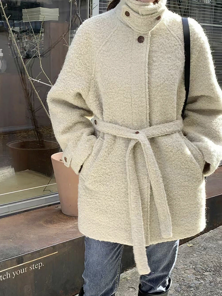 Stand-up Collar Wool Belted Coat (Tweed Jacket)