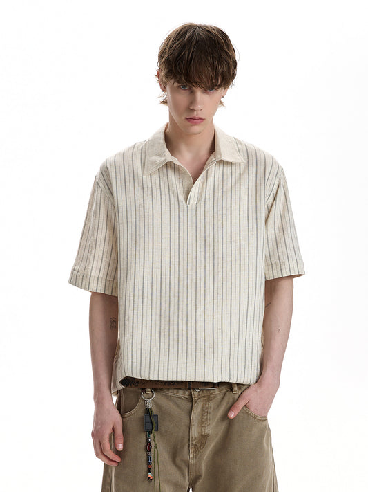 Natural-Tone Fine-Stripe Relaxed Shirt