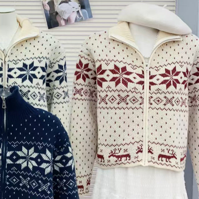 Vintage Cropped Knit Cardigan with Stand Collar