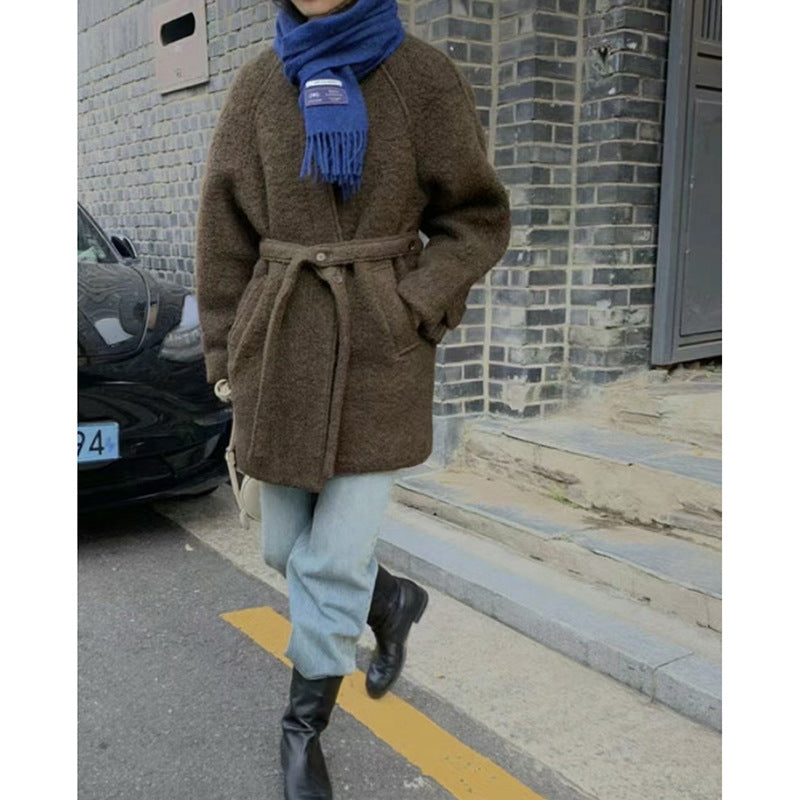 Stand-up Collar Wool Belted Coat (Tweed Jacket)