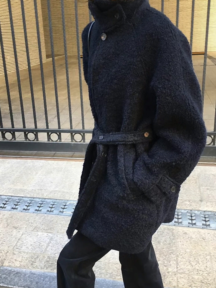 Stand-up Collar Wool Belted Coat (Tweed Jacket)