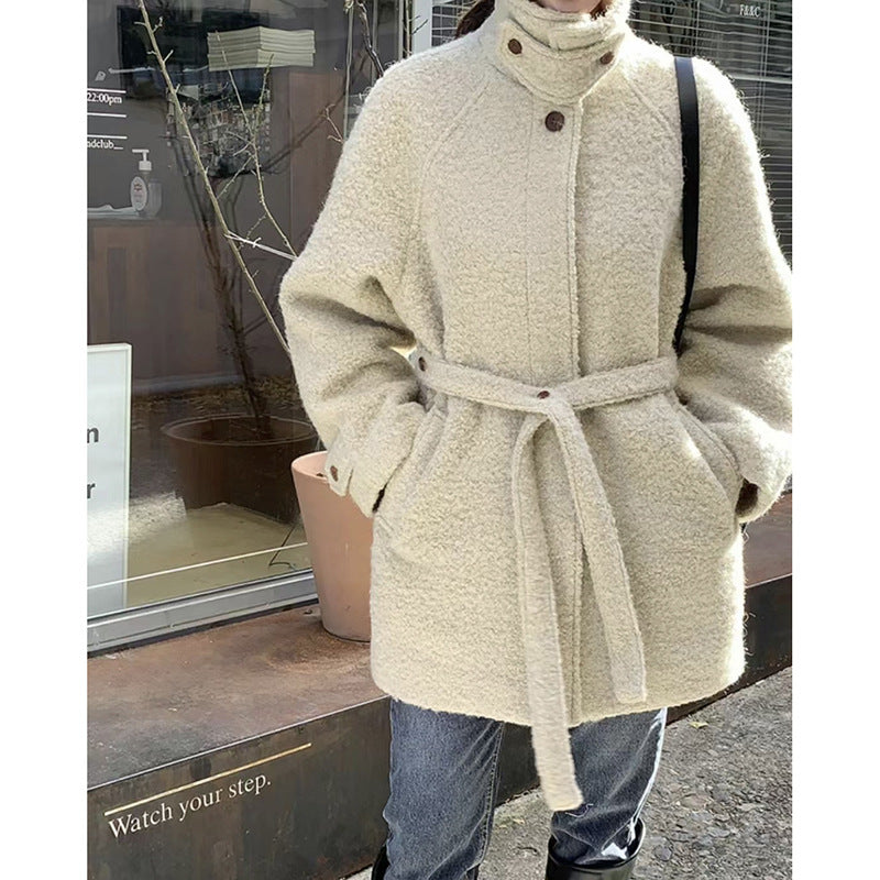 Stand-up Collar Wool Belted Coat (Tweed Jacket)