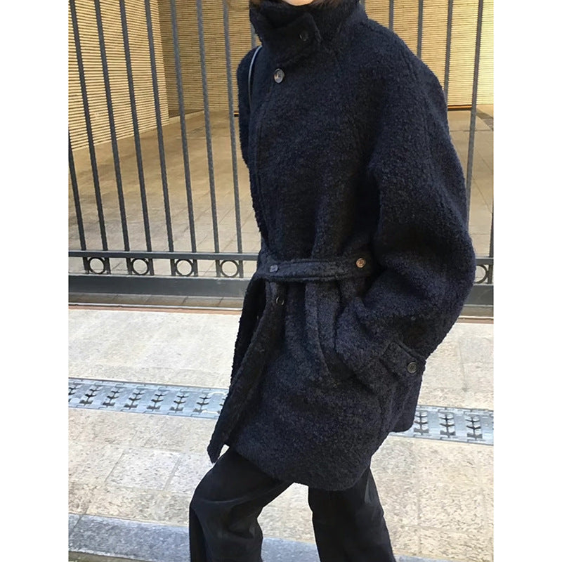 Stand-up Collar Wool Belted Coat (Tweed Jacket)