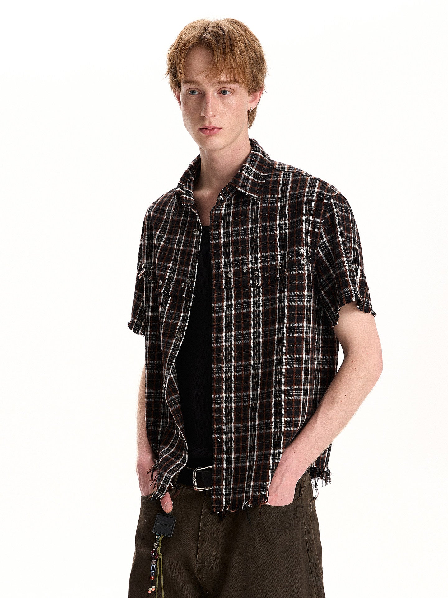 BUDETZ STUDDED RAW EDGE CHECK SHORT SLEEVE SHIRT
