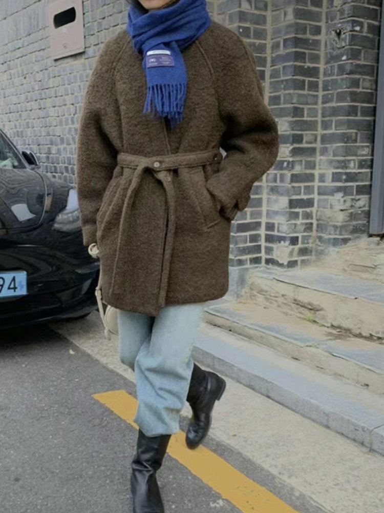 Stand-up Collar Wool Belted Coat (Tweed Jacket)