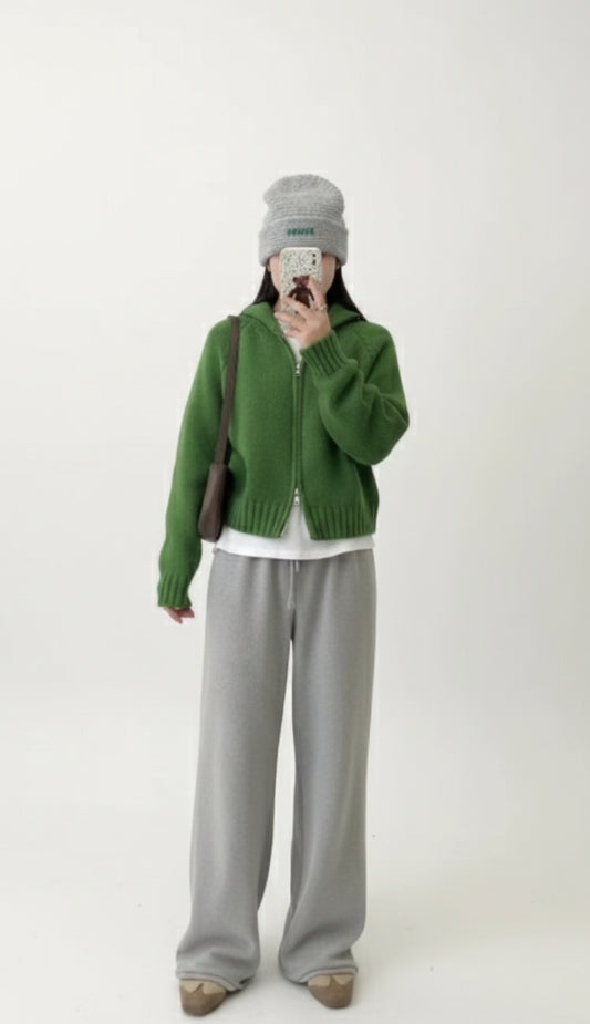 Hooded knitted cardigan double zipper jacket