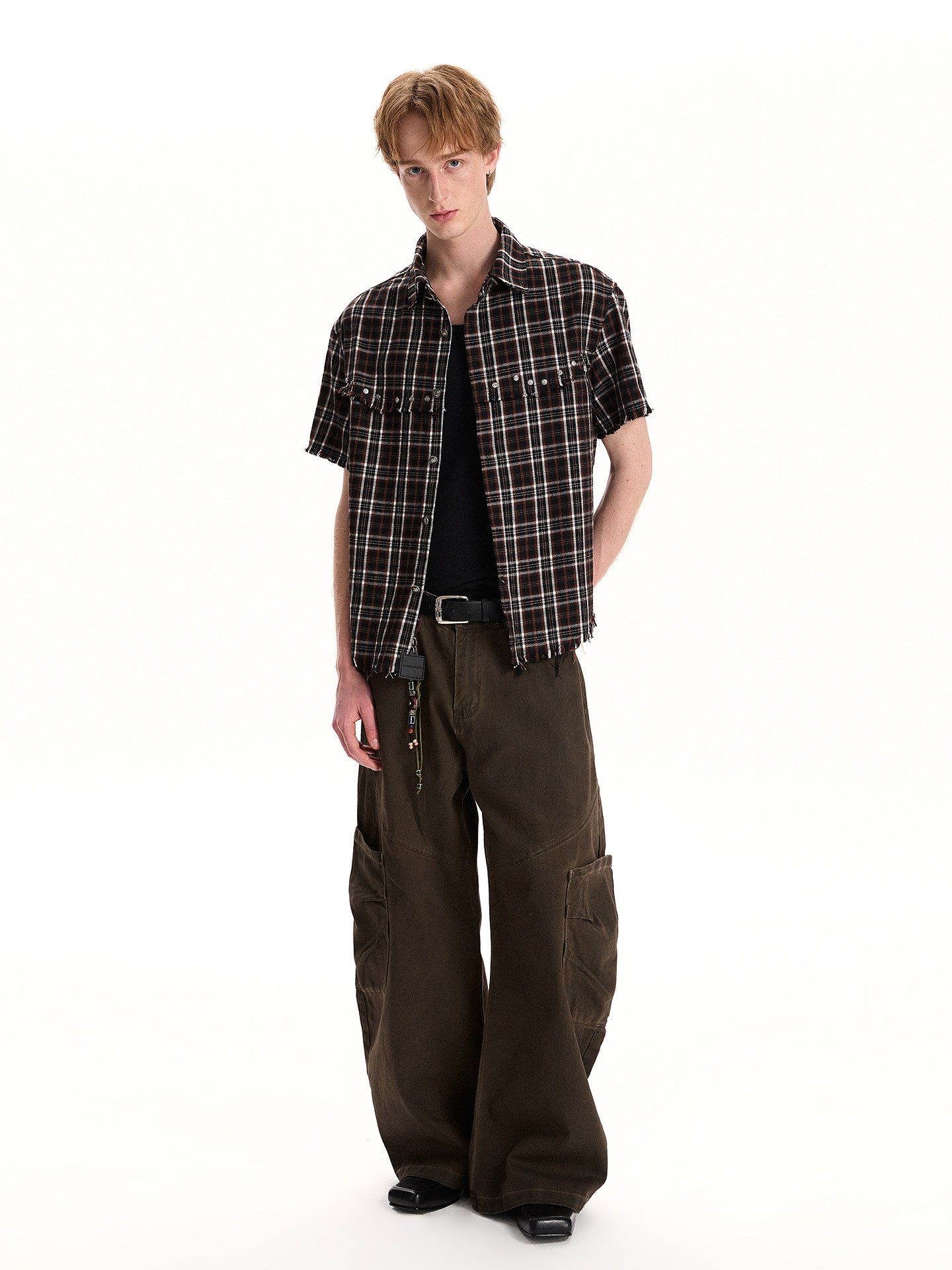 BUDETZ STUDDED RAW EDGE CHECK SHORT SLEEVE SHIRT