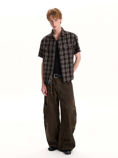 BUDETZ STUDDED RAW EDGE CHECK SHORT SLEEVE SHIRT
