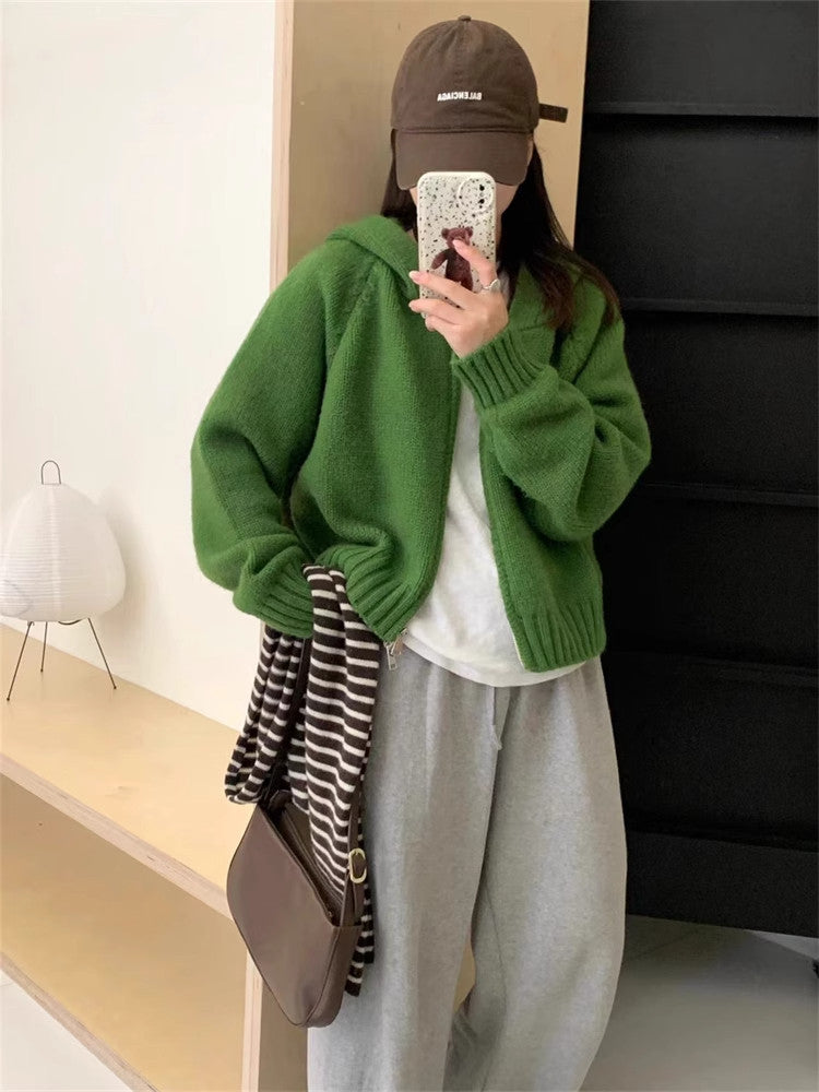 Hooded knitted cardigan double zipper jacket