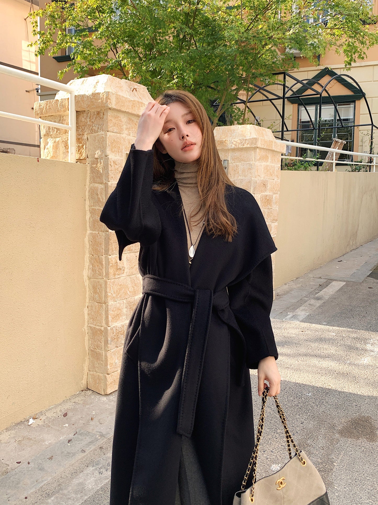 Camel large lapel reversible cashmere coatwoolen jacket