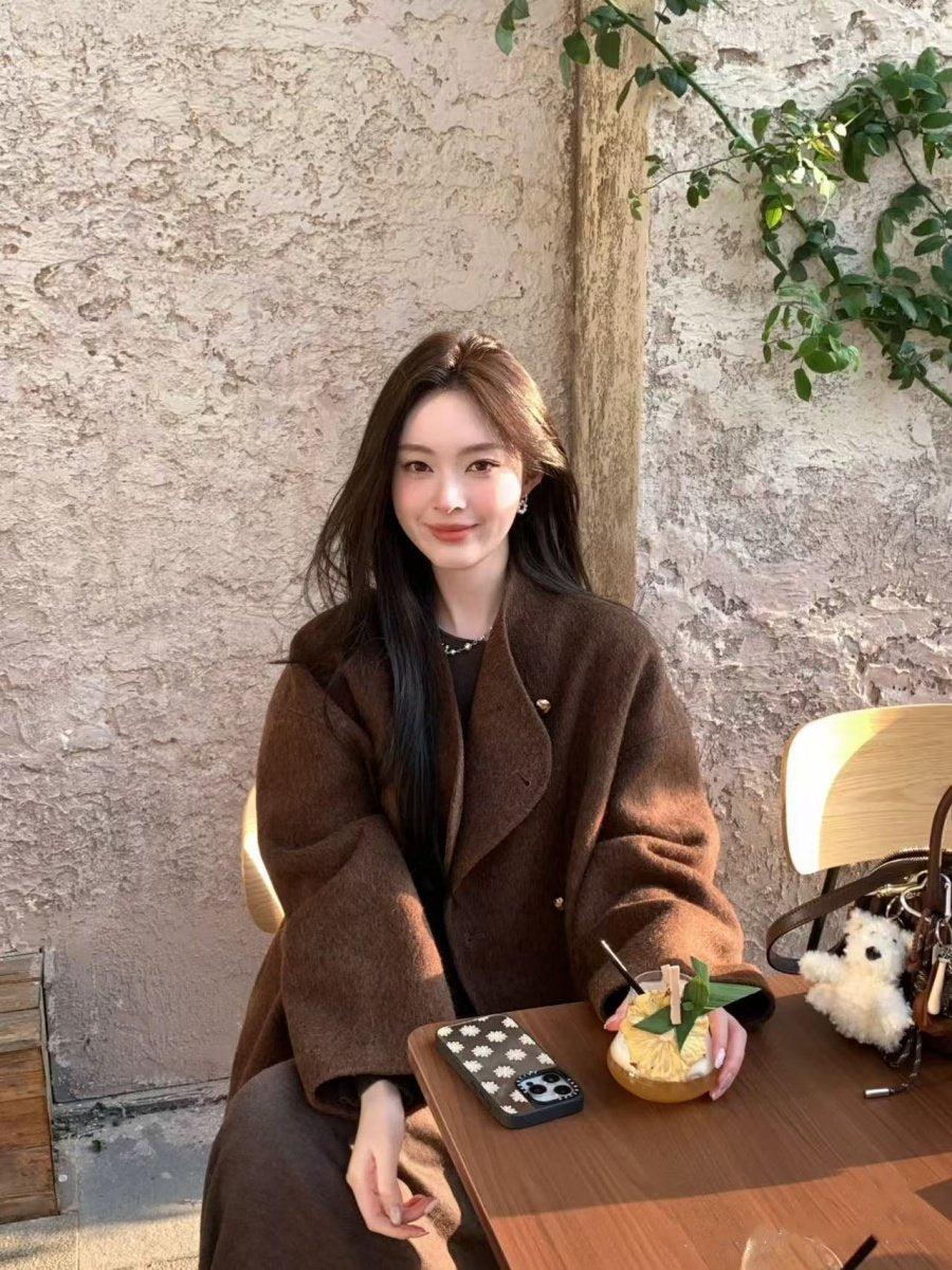 Gold buckle mid-length reversible cashmere coat