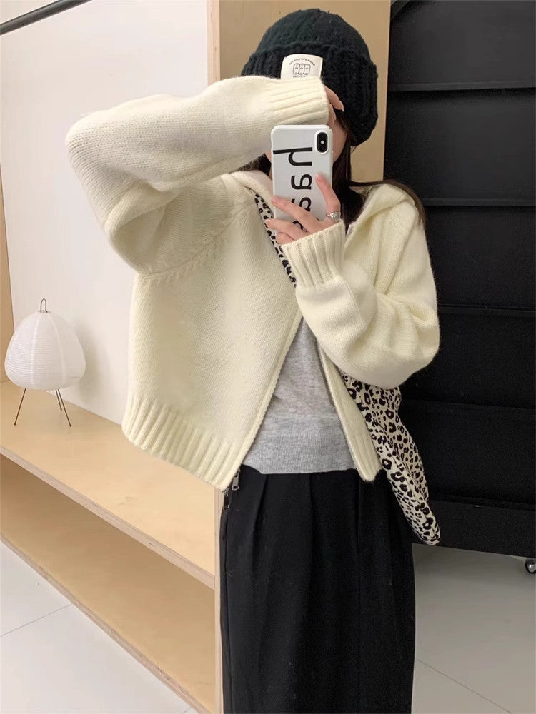 Hooded knitted cardigan double zipper jacket