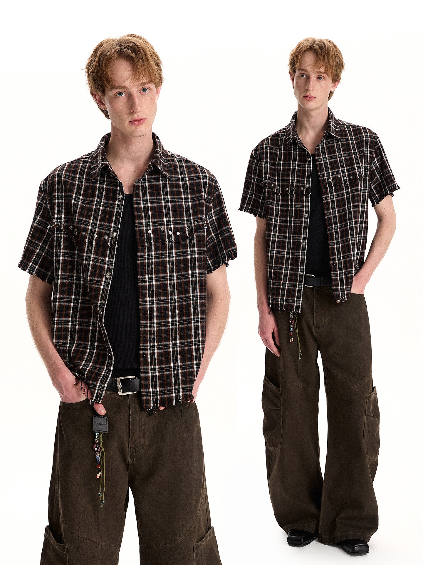 BUDETZ STUDDED RAW EDGE CHECK SHORT SLEEVE SHIRT