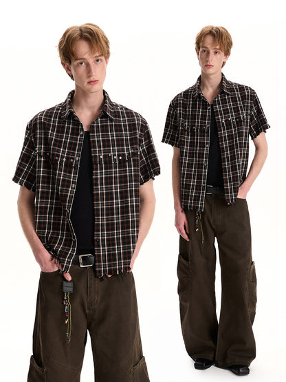 BUDETZ STUDDED RAW EDGE CHECK SHORT SLEEVE SHIRT