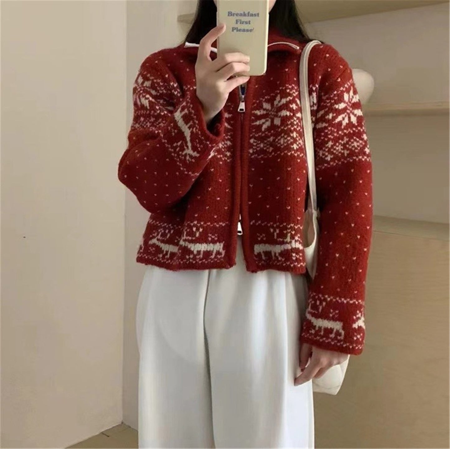 Vintage Cropped Knit Cardigan with Stand Collar