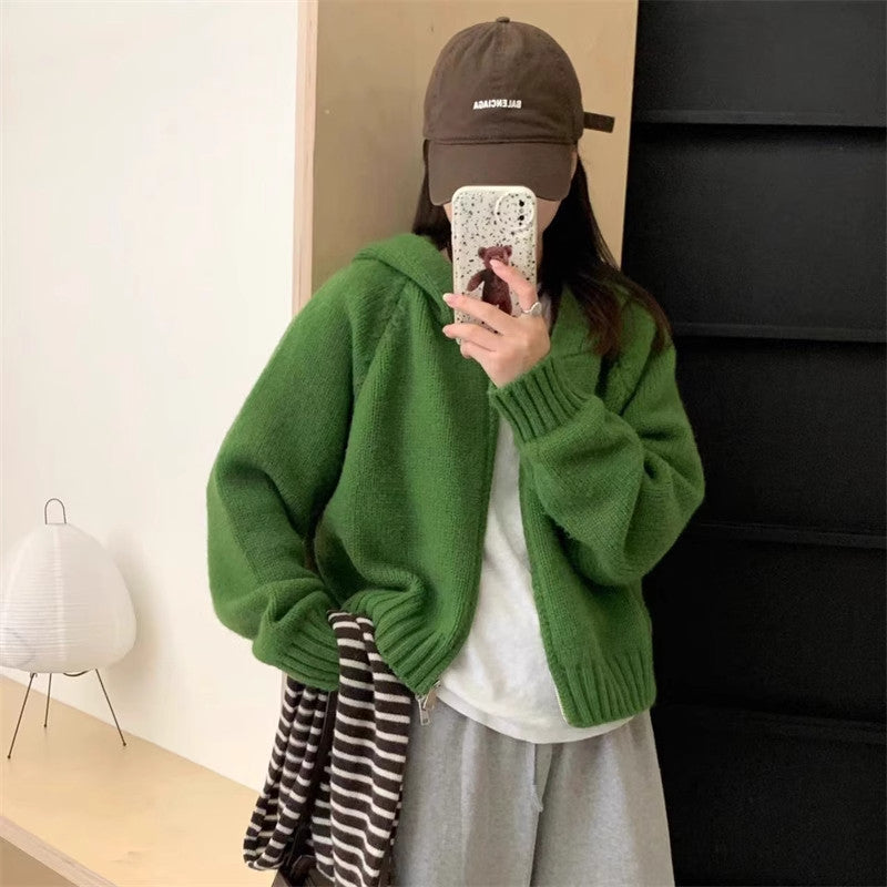 Hooded knitted cardigan double zipper jacket