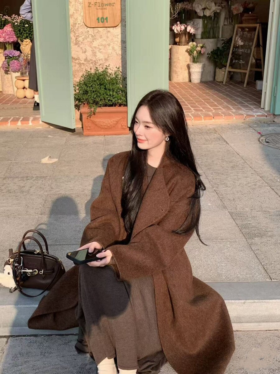 Gold buckle mid-length reversible cashmere coat