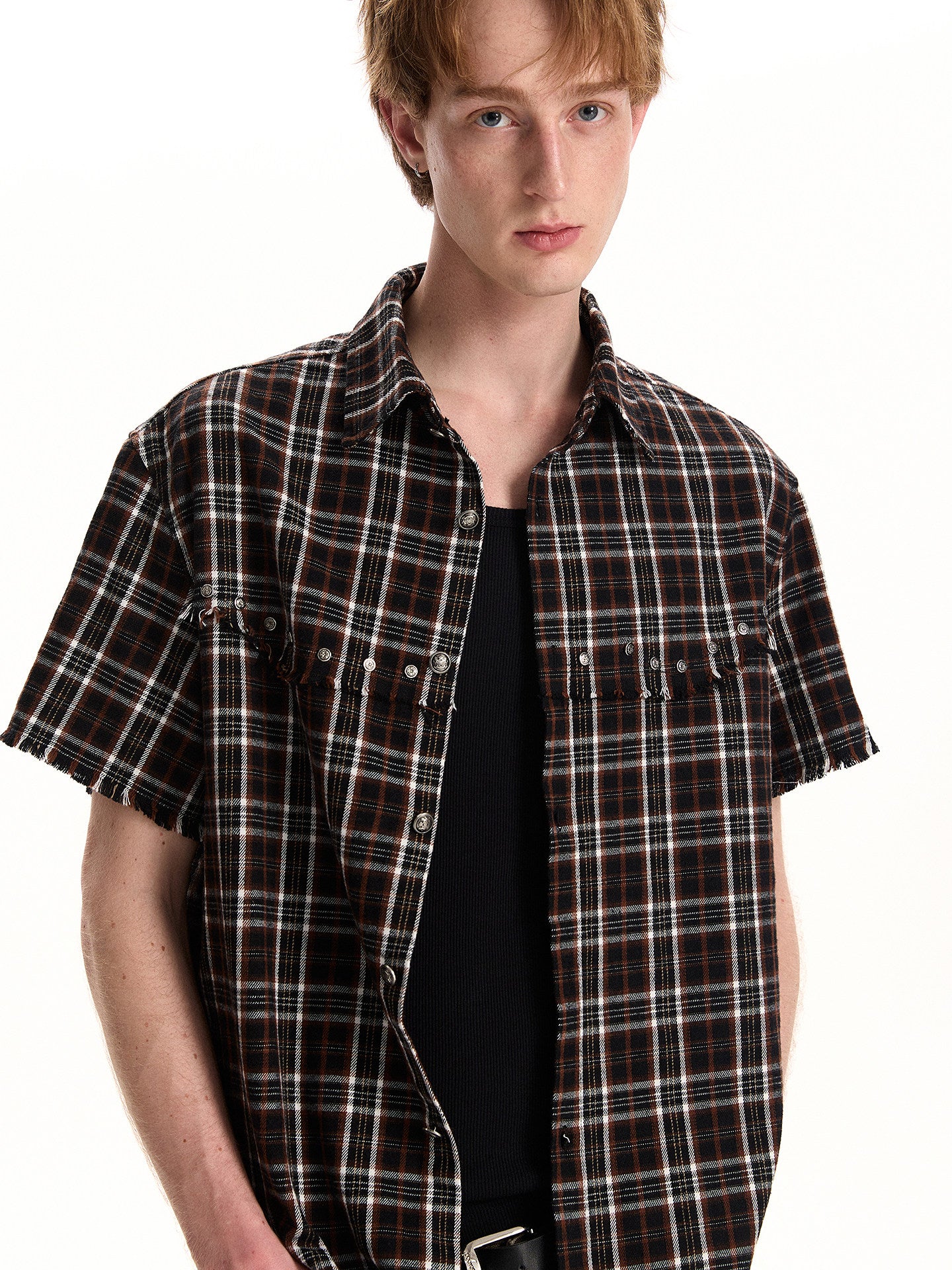 BUDETZ STUDDED RAW EDGE CHECK SHORT SLEEVE SHIRT