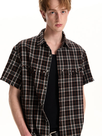 BUDETZ STUDDED RAW EDGE CHECK SHORT SLEEVE SHIRT