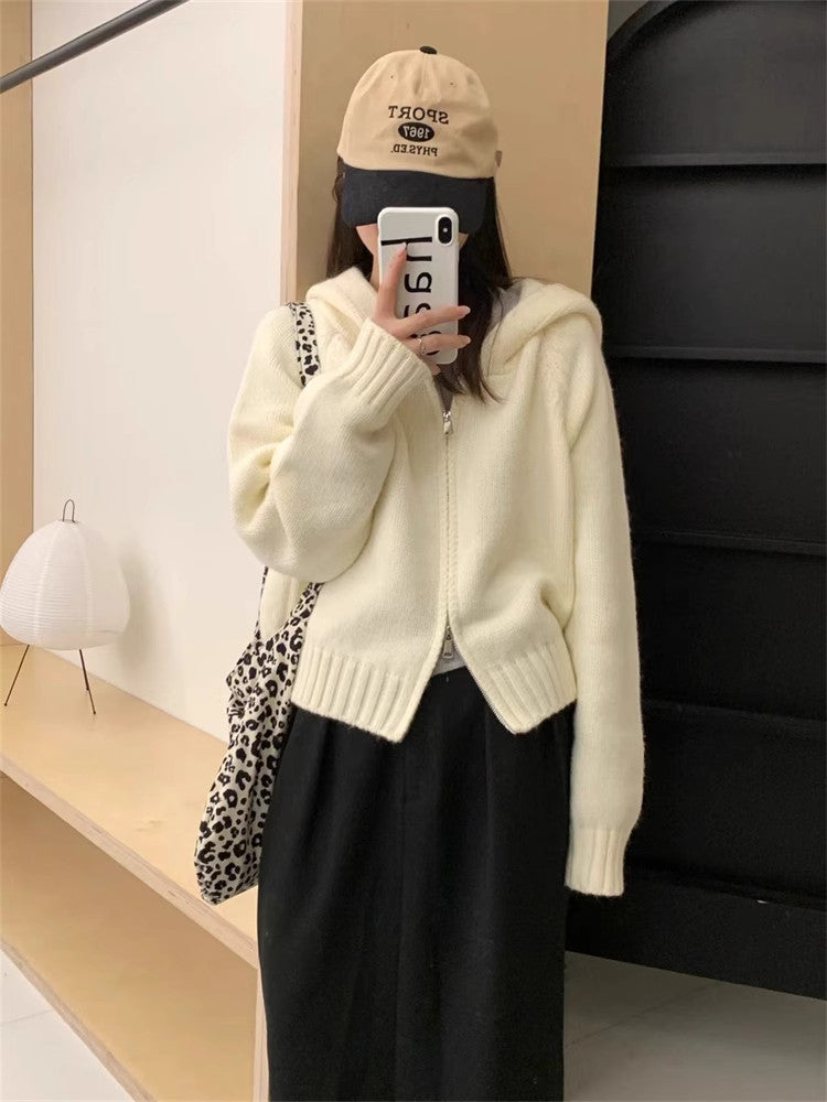 Hooded knitted cardigan double zipper jacket