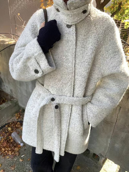 Stand-up Collar Wool Belted Coat (Tweed Jacket)
