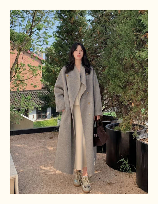 Gold buckle mid-length reversible cashmere coat