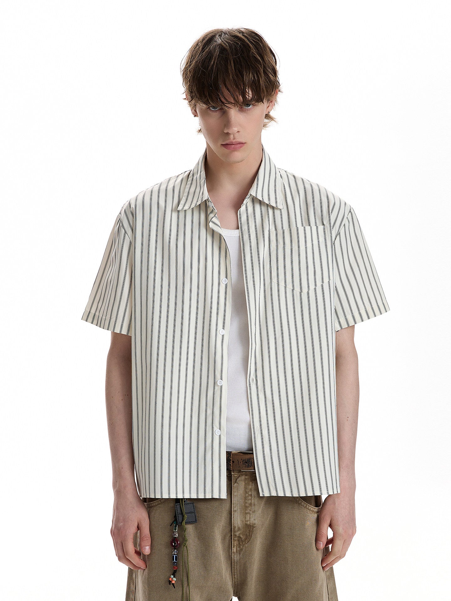 Relaxed Vertical Stripe Short-Sleeve Shirt