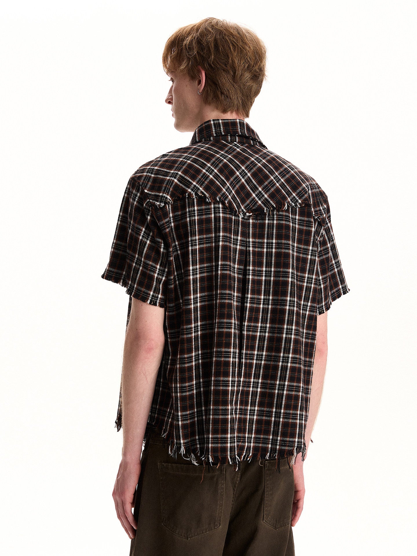 BUDETZ STUDDED RAW EDGE CHECK SHORT SLEEVE SHIRT