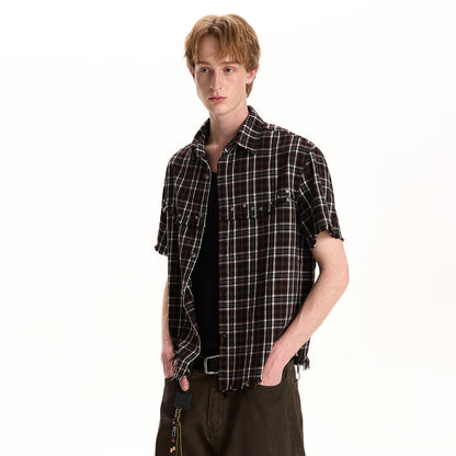BUDETZ STUDDED RAW EDGE CHECK SHORT SLEEVE SHIRT